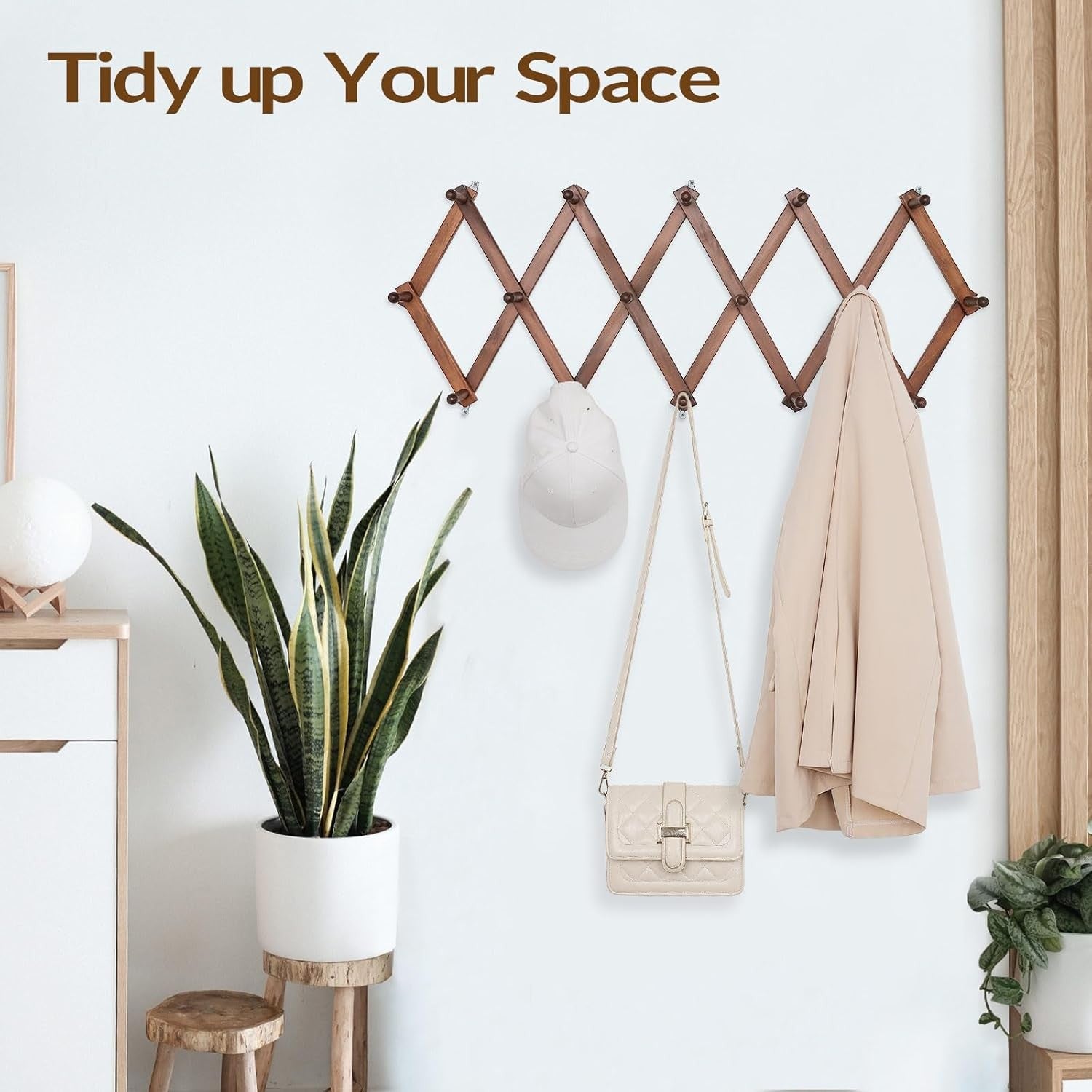 Expandable Wooden Wall Hat Rack 16 Hooks Rustic Foldable Coat Hanger Stand