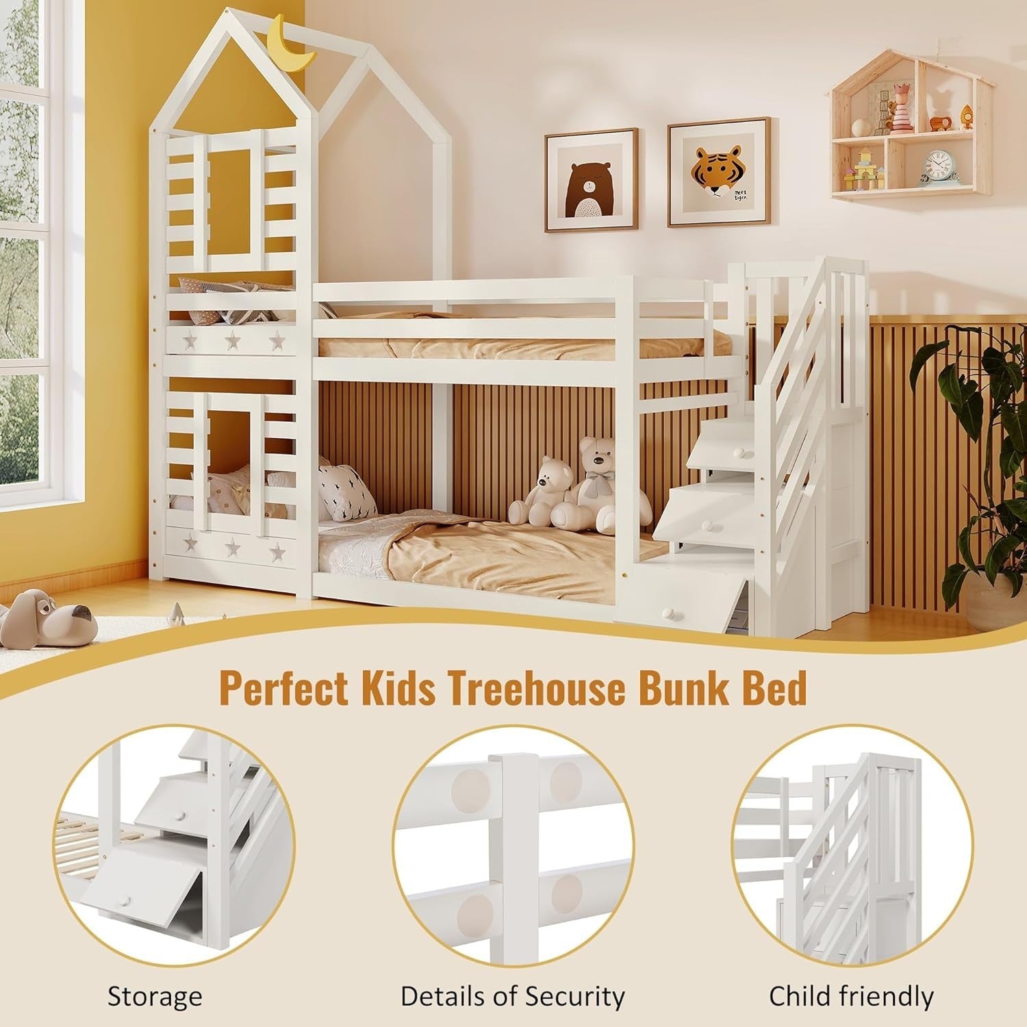 Kids Pine Bunk Bed with Stairs, Storage, Cabin Style Twin Sleeper 190x90cm