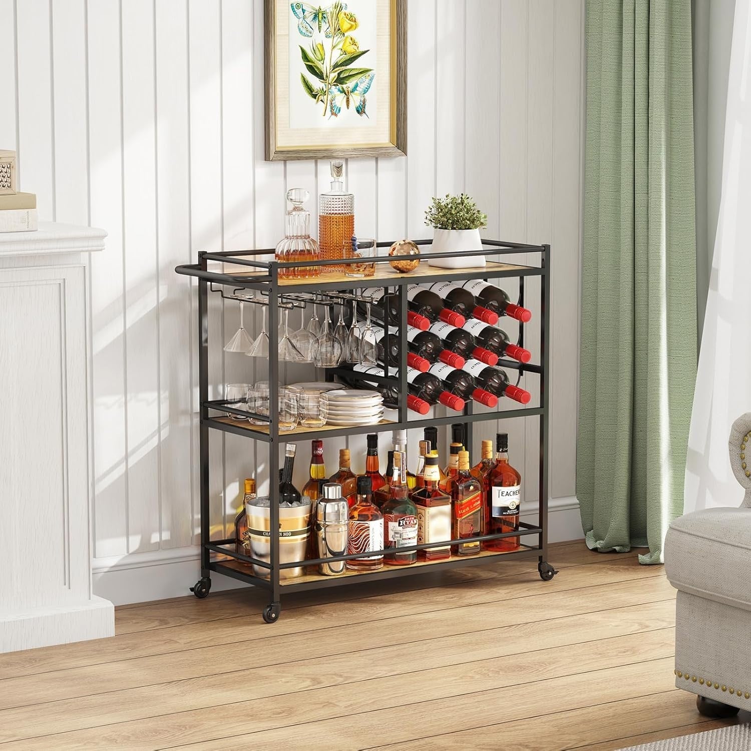 3 Tier Bar Cart Drinks Trolley with Wine Rack & Glass Holder Rustic Serving Unit