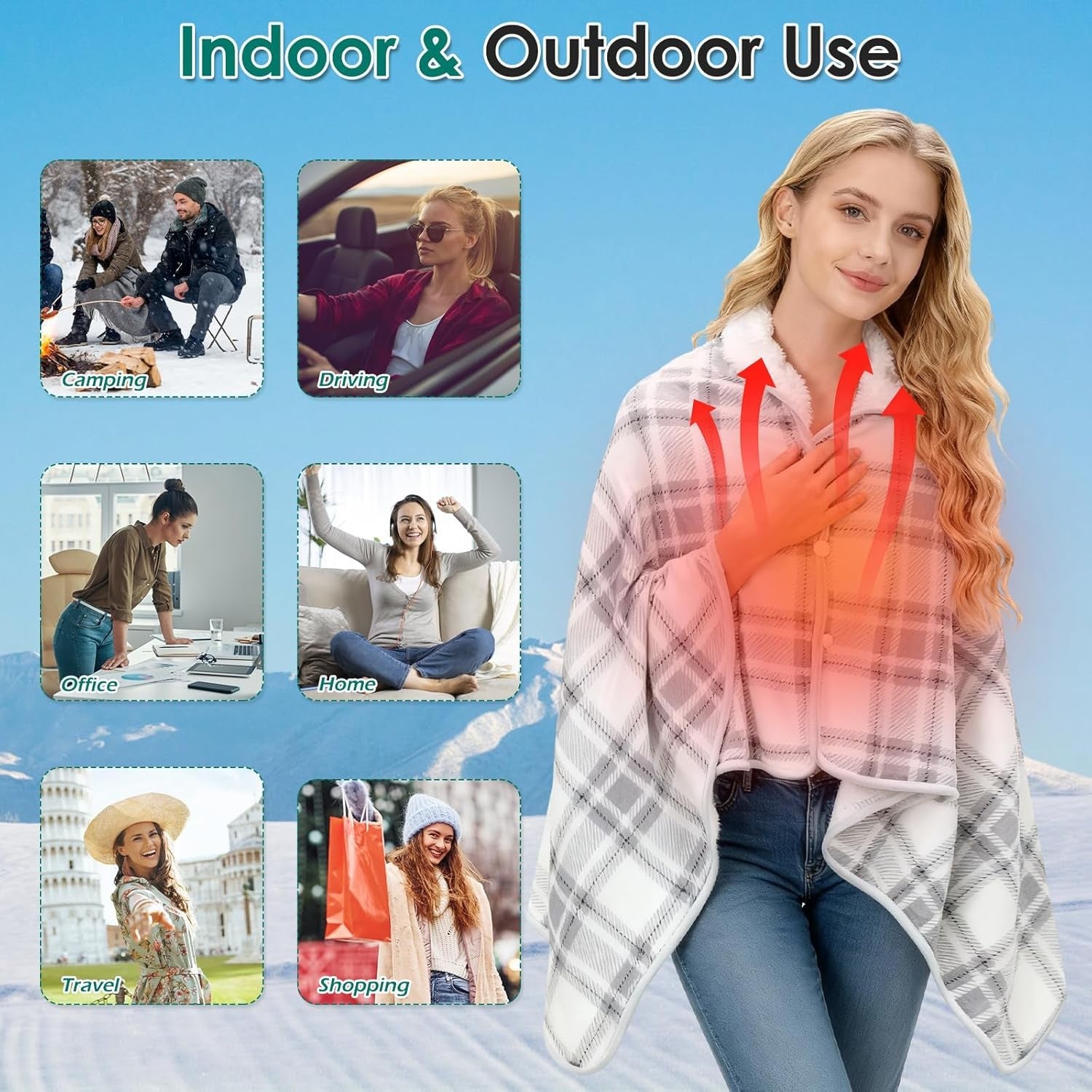 USB Electric Heated Shawl Wearable Blanket Poncho 3 Heat Levels
