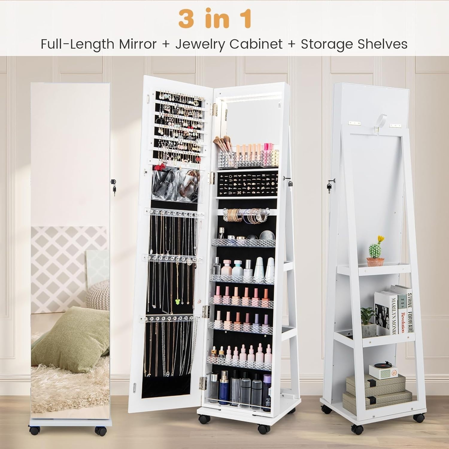 White 360° Swivel Jewelry Cabinet LED Mirror Lockable Rolling Storage