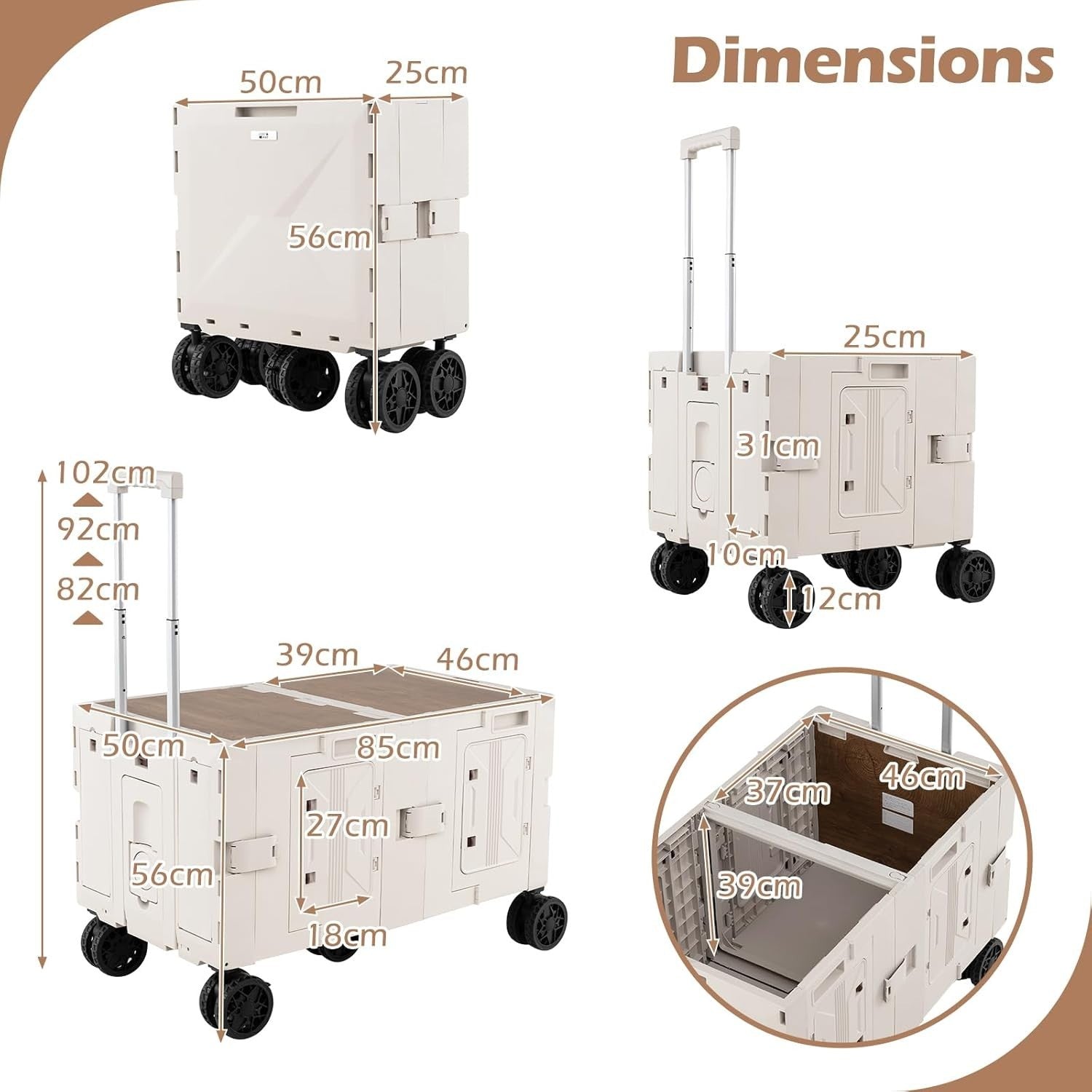 150L Folding Utility Trolley Cart Heavy Duty Wagon 5 Wheels Tabletop White