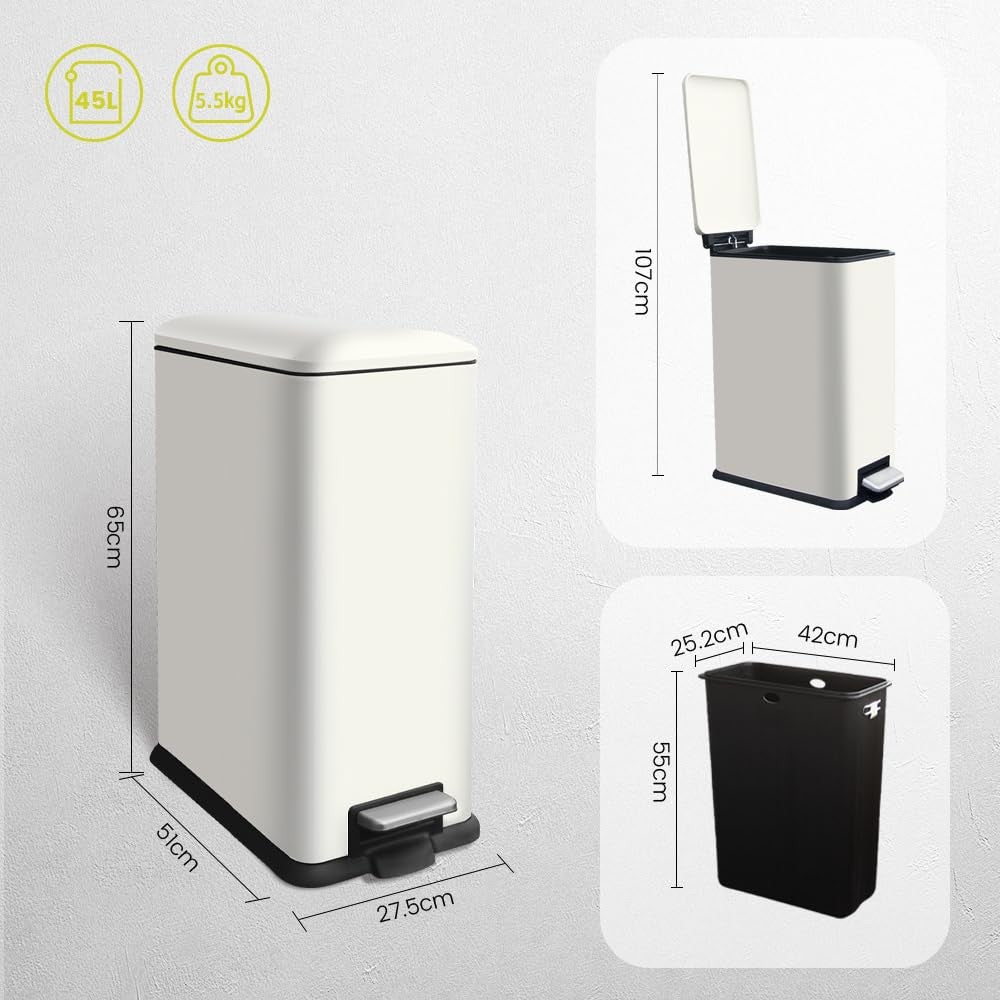45L Kitchen Pedal Bin Soft Close Stainless Steel White