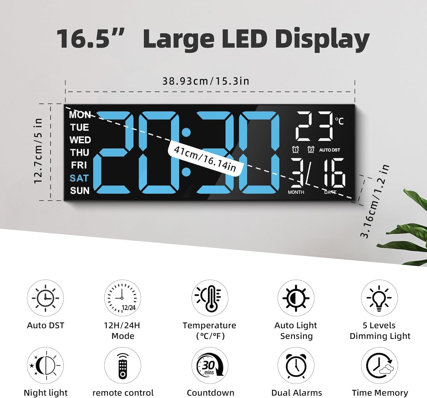 16 Inch Large Digital Wall Clock RGB Remote Dual Alarm Temp Date