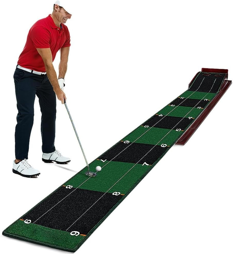 Indoor Golf Putting Green Mat w Ball Return Alignment Trainer Home Practice