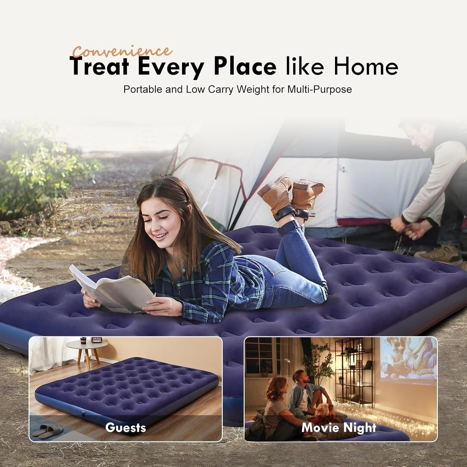 Queen Air Mattress Inflatable Bed – Flocked Top Camping Sleeping Pad