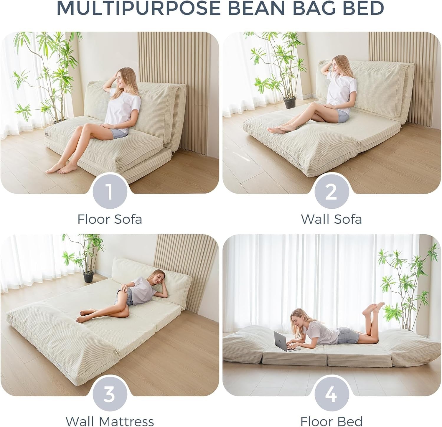 Beige Corduroy Folding Floor Sofa Bed Chair 4 Fold Mattress Lounger 75x240