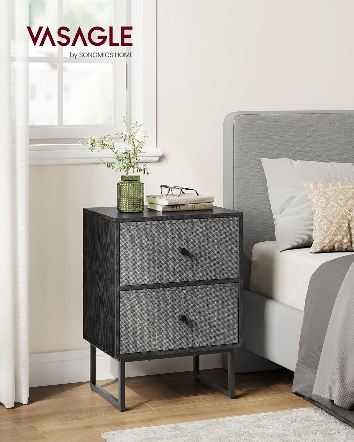 Modern Bedside Table with Fabric Drawers, 2-Tier Storage Cabinet in Black & Grey