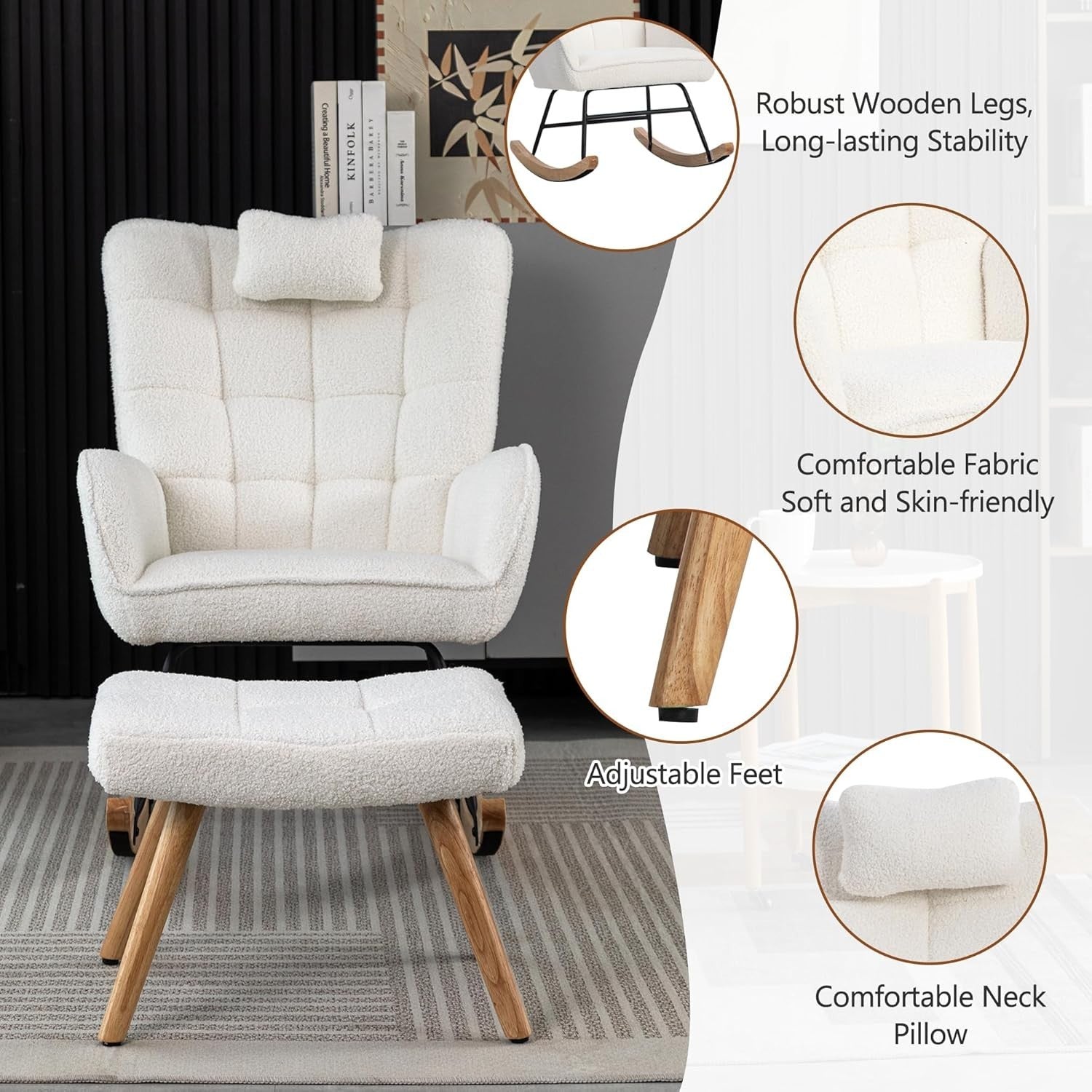Tufted Rocking Chair with Footstool – High Back, Soft Linen, Solid Wood Legs