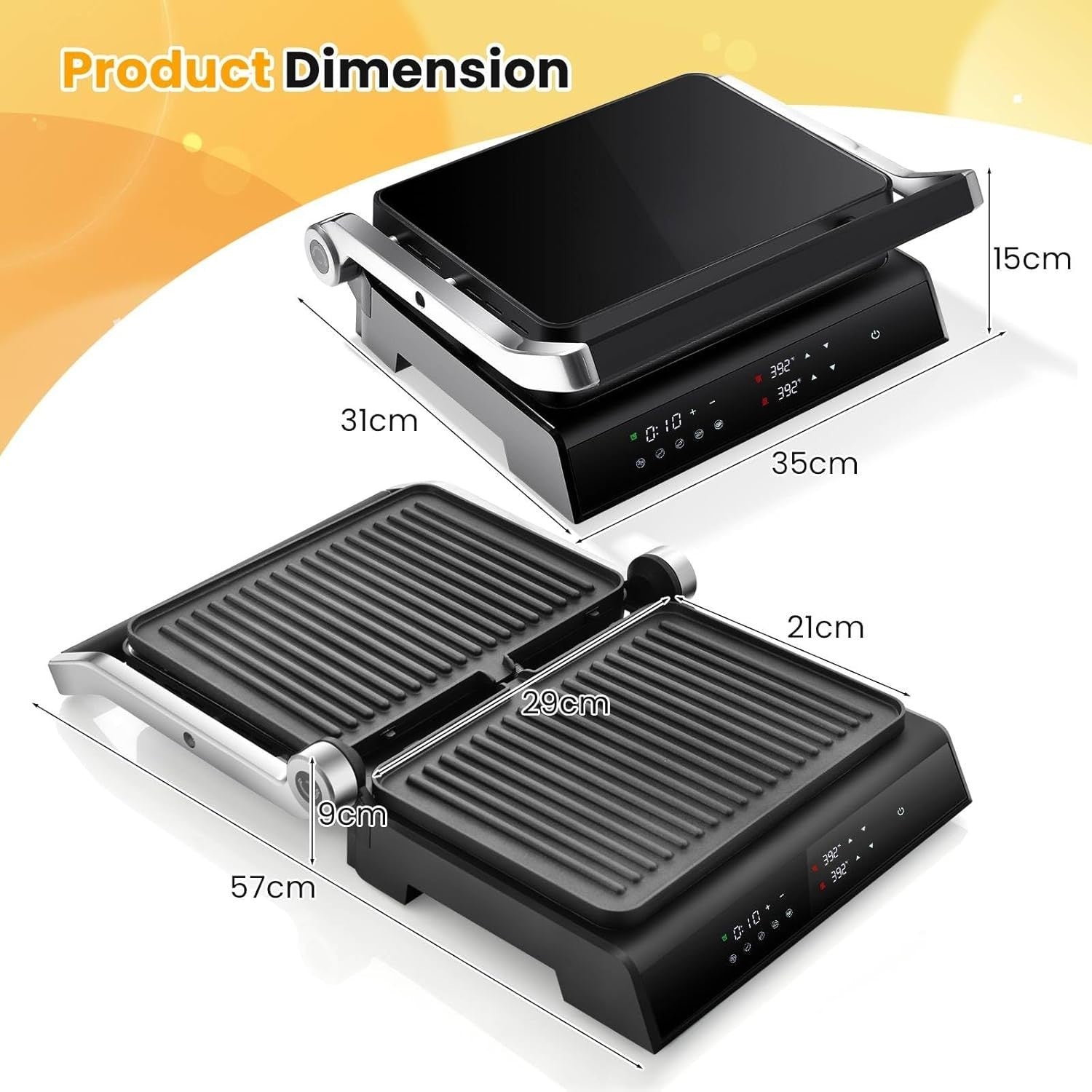 3-in-1 Panini Press Grill LED Touch Non-Stick Glass Top Adjustable