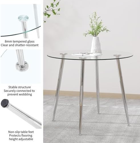 Round Glass Dining Table Silver Metal Legs Modern 80cm Kitchen Table
