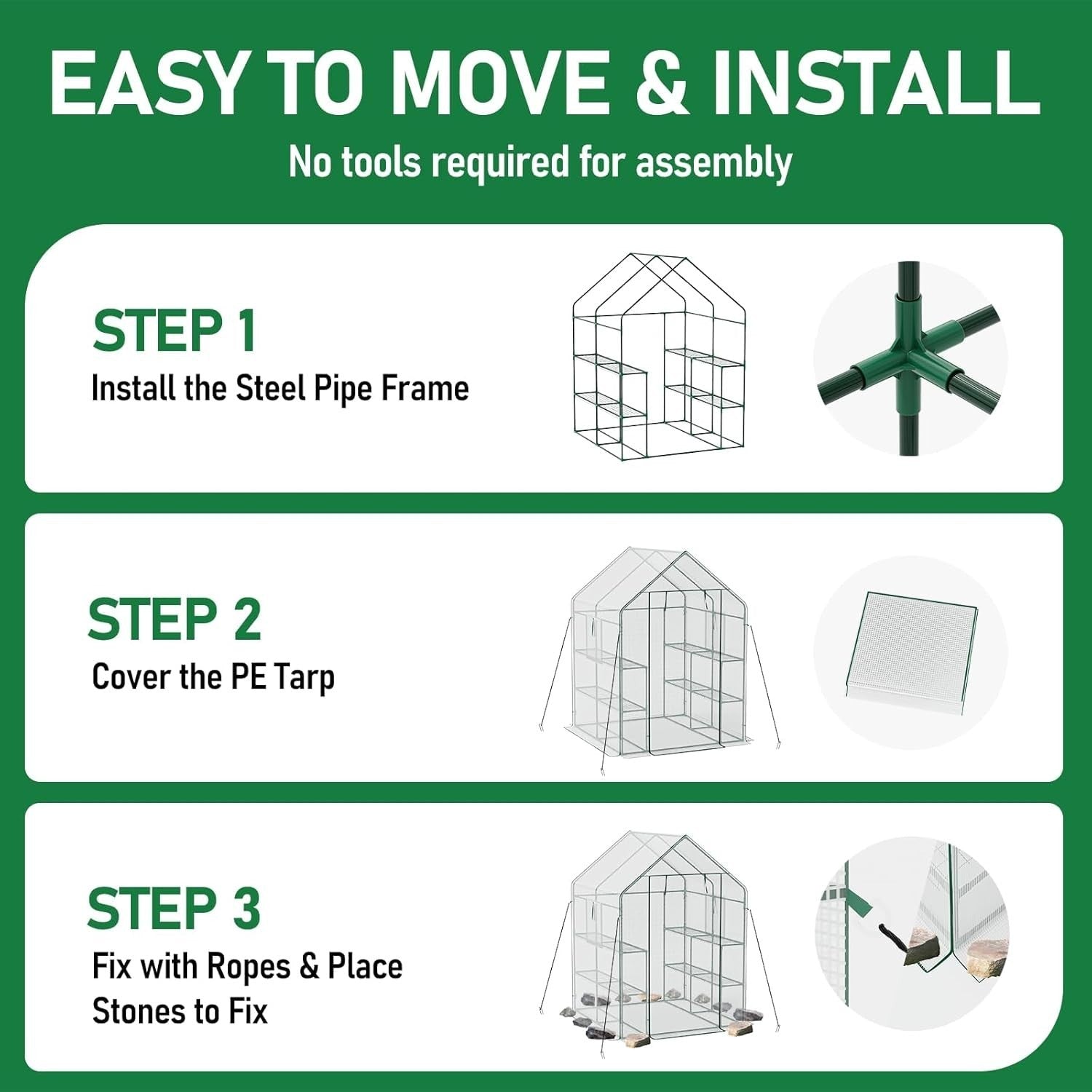 Heavy Duty Walk-In Greenhouse 2 Tier | Thicken PE Cover & Steel Frame | 57×57×77