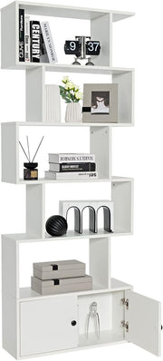 White S-Shaped 6 Tier Bookcase Tall Freestanding Storage Shelf with Cabinet