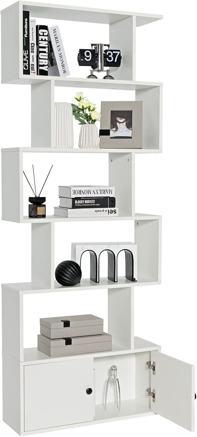 White S-Shaped 6 Tier Bookcase Tall Freestanding Storage Shelf with Cabinet