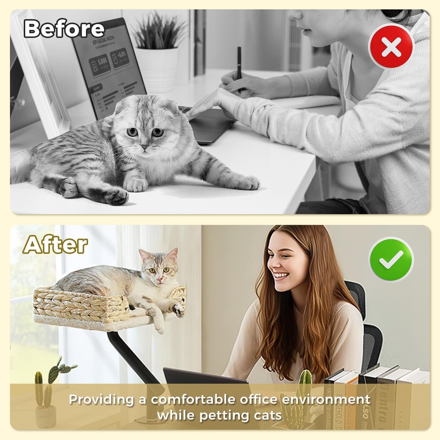 Desk Mounted Cat Bed Wicker Hammock Rotating Plush Cat Lounger White