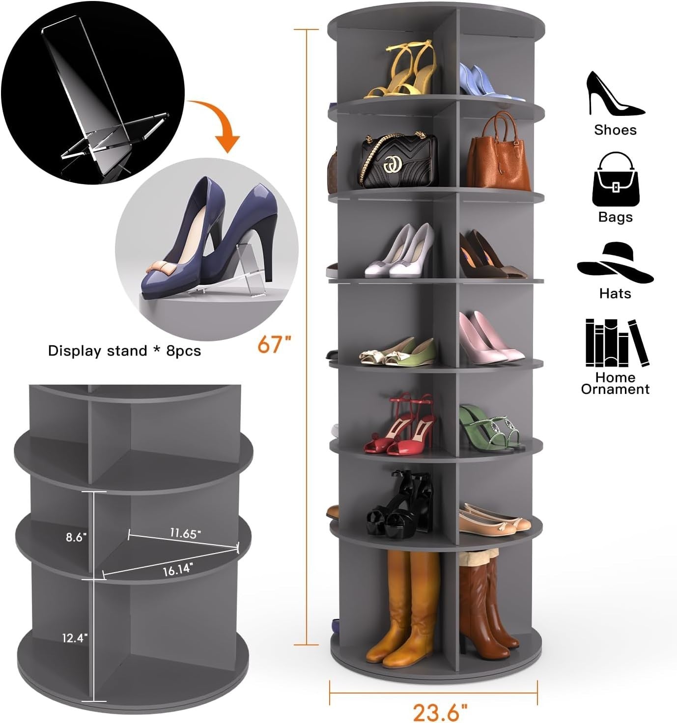 7-Tier Rotating Shoe Rack Tower 67" | 360° Revolving Organizer Stand – Grey