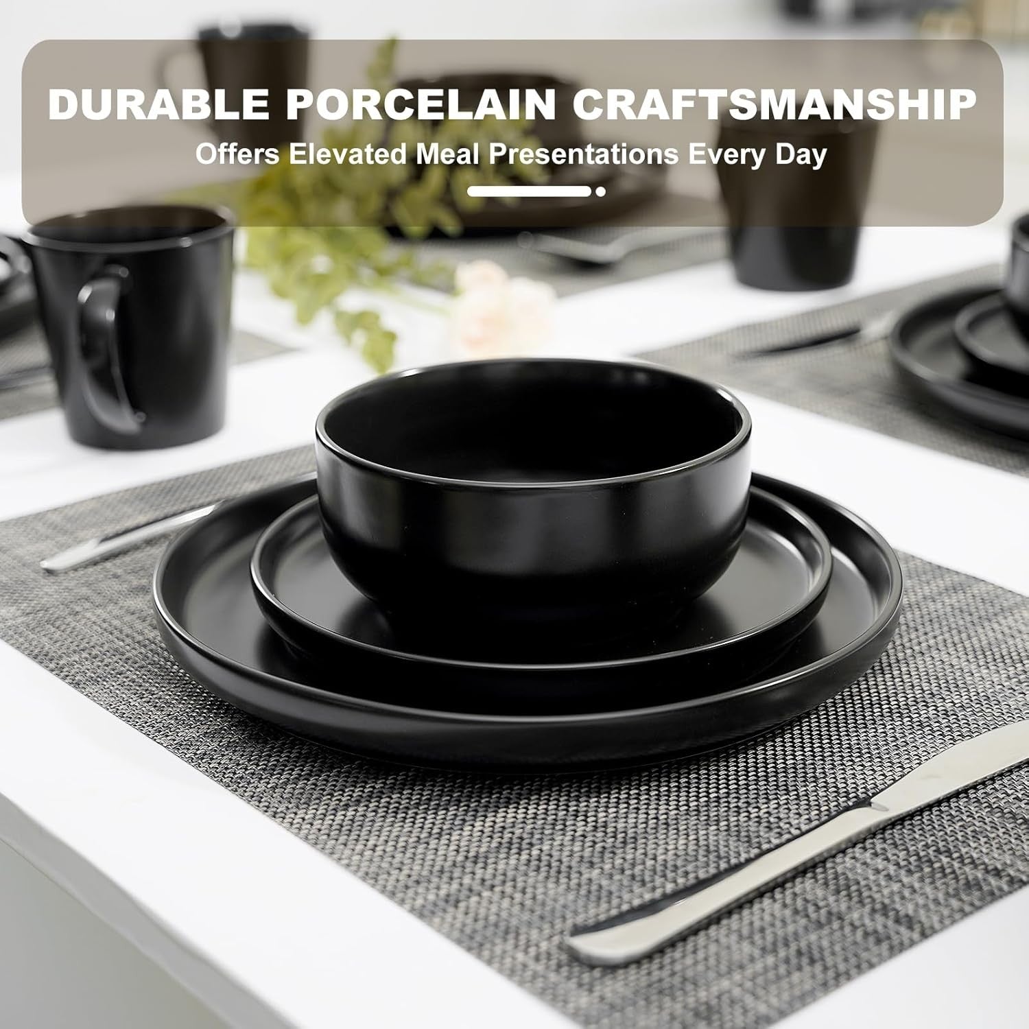 32pc Matte Black Dinner Set Ceramic Plates Bowls Mugs Modern Tableware