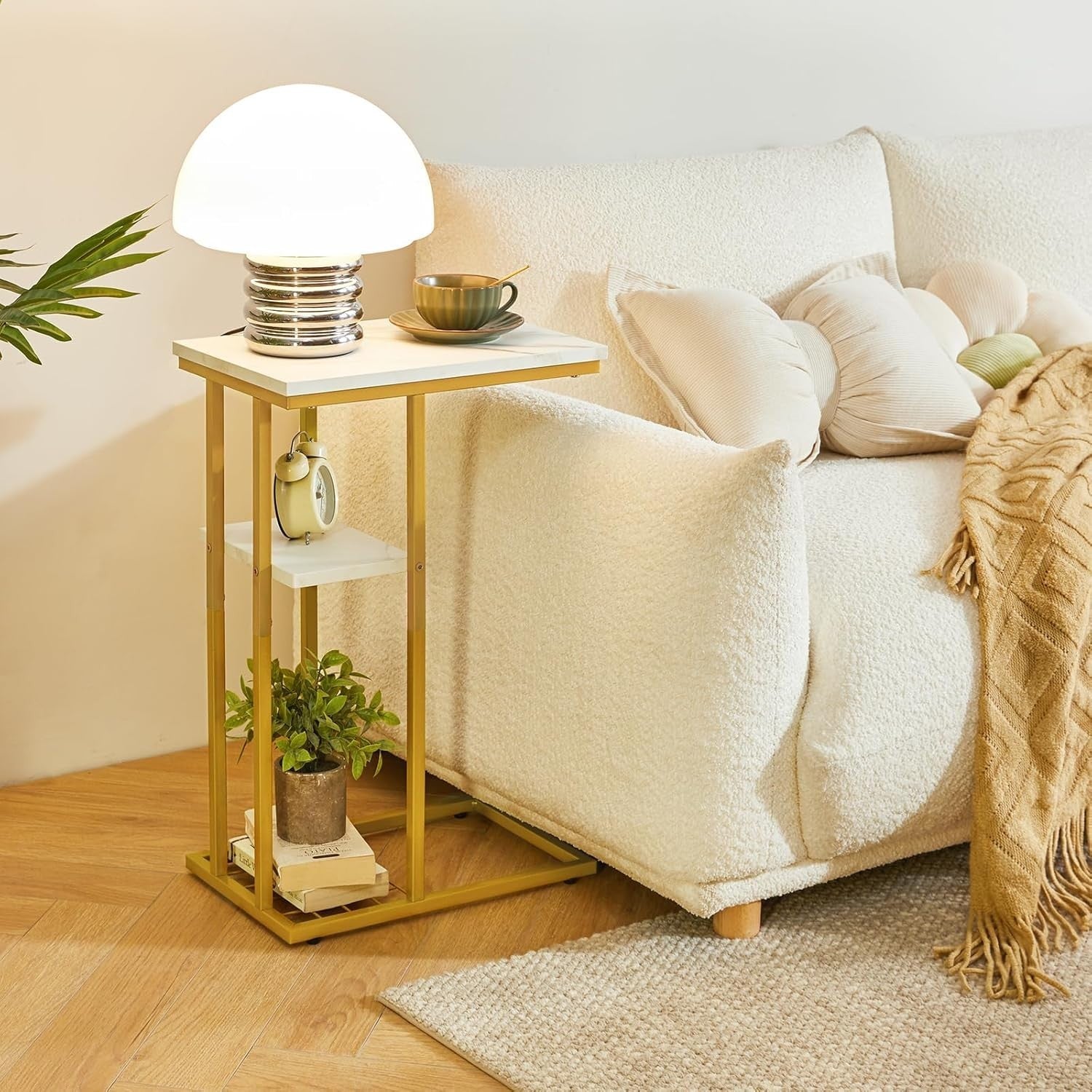 C-Shaped Side Table Marble Pattern White & Gold – Compact, Sturdy, Easy Access