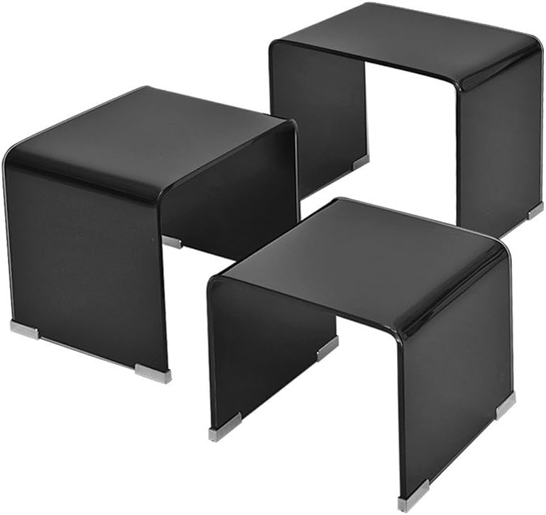 Black Glass Nesting Coffee Table Set Modern Space Saving Rectangular End Side