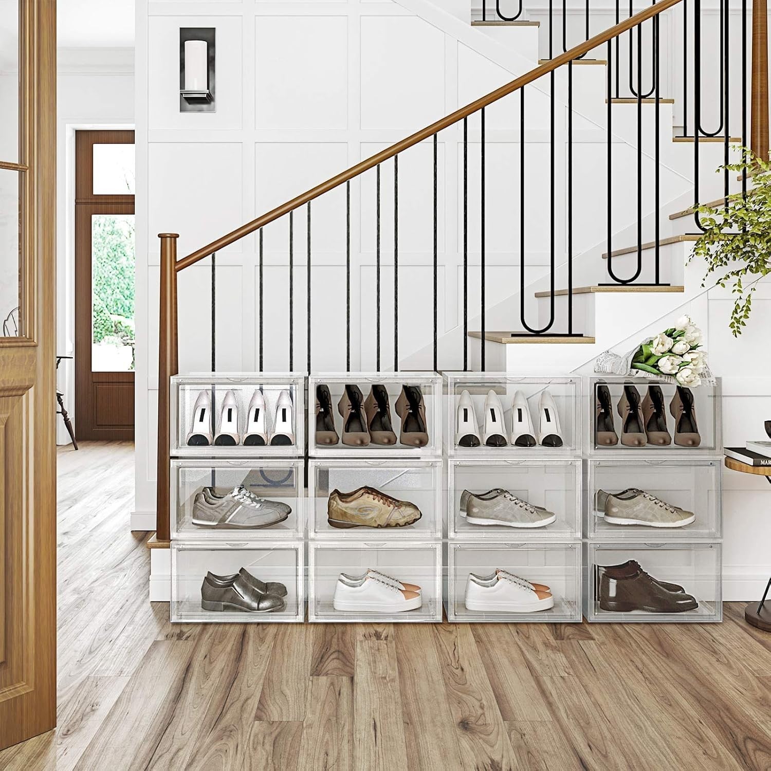 Set of 6 Stackable Transparent Shoe Boxes with Front Doors, Large Storage