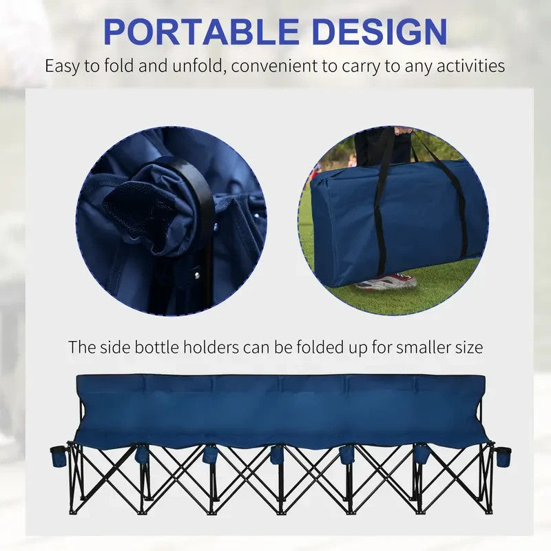 6-Seater Folding Team Bench with Cup Holders Portable Outdoor Sports Chair Blue