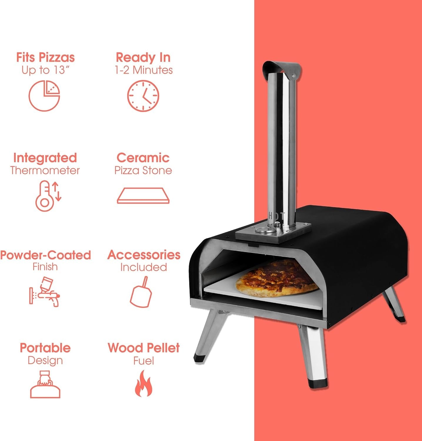 Outdoor 13" Wood Pellet Pizza Oven | Portable Garden BBQ Cooker w Paddle & Cover