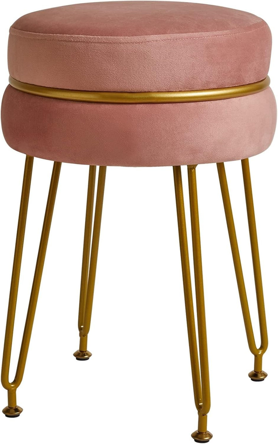 Pink Velvet Round Footstool Ottoman with Gold Legs – Modern Vanity Stool