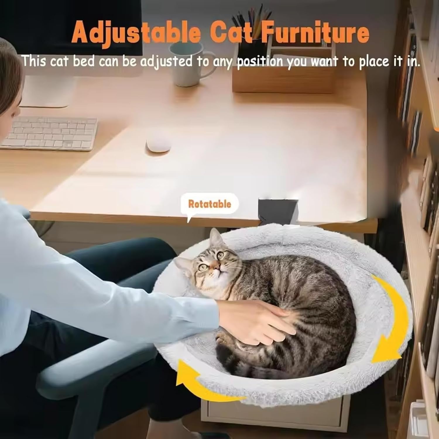180° Rotating Cat Desk Bed Faux Fur Clamp On Cat Hammock Gray