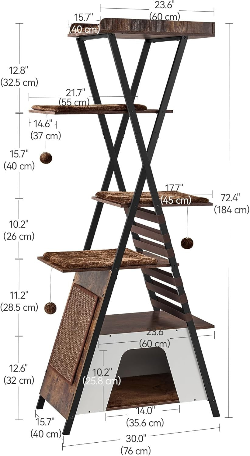 Modern Cat Tree Tower 184cm Multi Level Condo Scratcher with Ladder & Caves