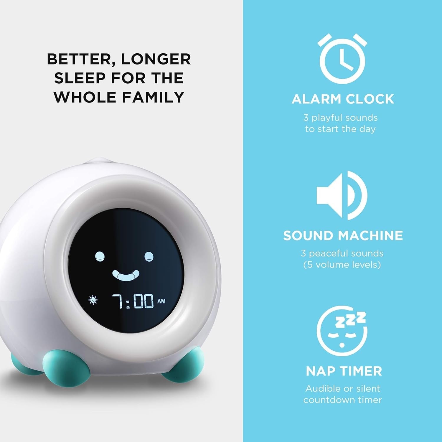 Kids Sleep Trainer Alarm Clock Night Light Sound Machine Arctic Blue