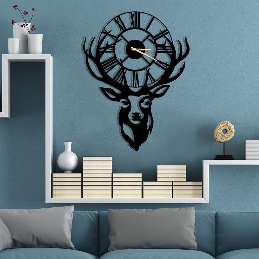 Large Deer Head Wall Clock 90x68cm Silent Quartz Metal Antler Decor
