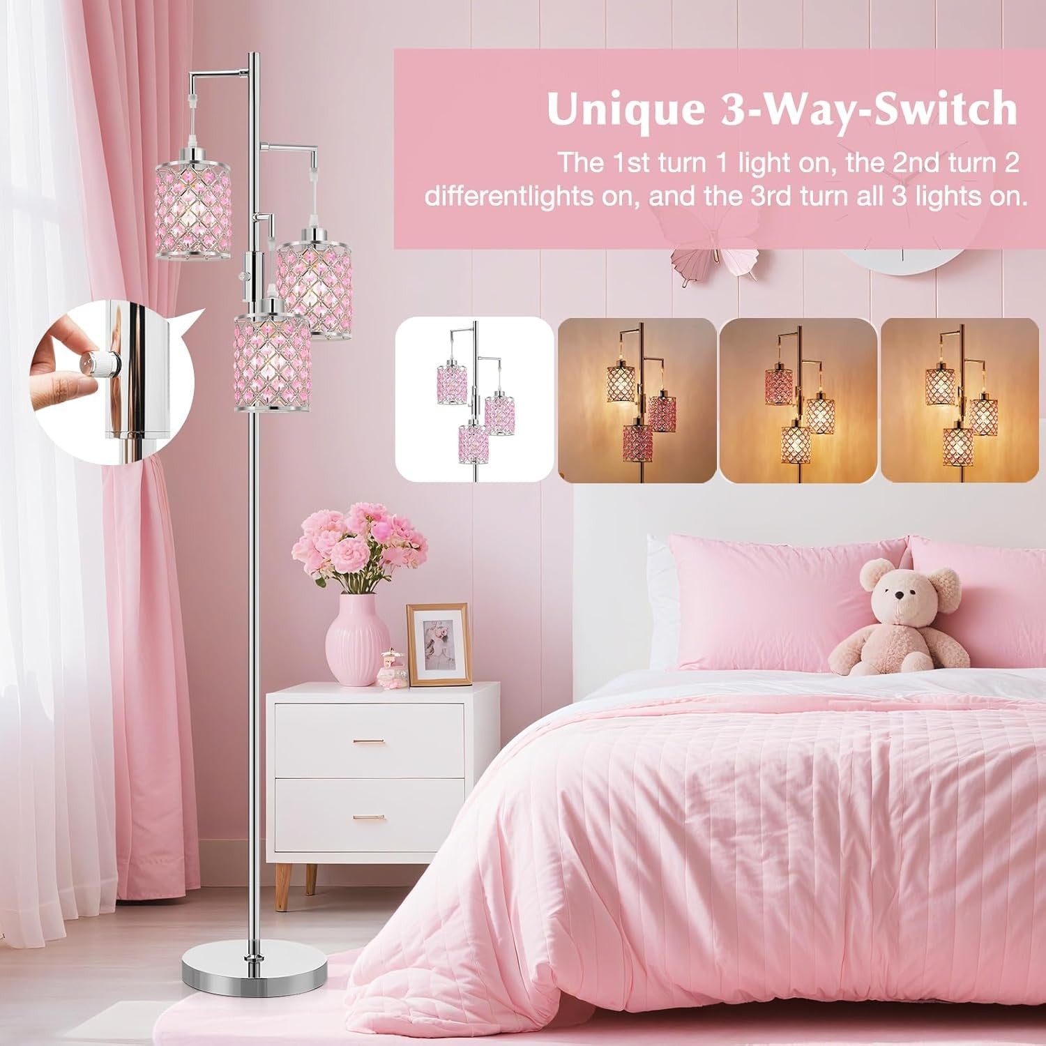 Crystal Floor Lamp 3 Light Pink Standing Lamp Tall Luxury Bedroom Light