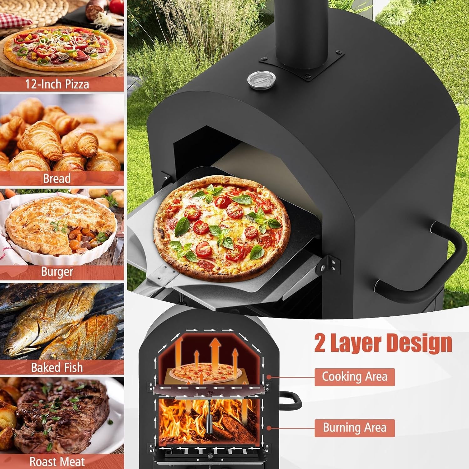 Outdoor Wood-Fired Pizza Oven | Patio BBQ Grill w/ Thermometer, Stone & Cover