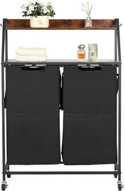 2-Tier Rolling Laundry Sorter with Wooden Shelf, 2 Bag Hamper & Lockable Wheels