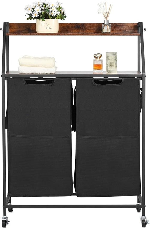 2-Tier Rolling Laundry Sorter with Wooden Shelf, 2 Bag Hamper & Lockable Wheels