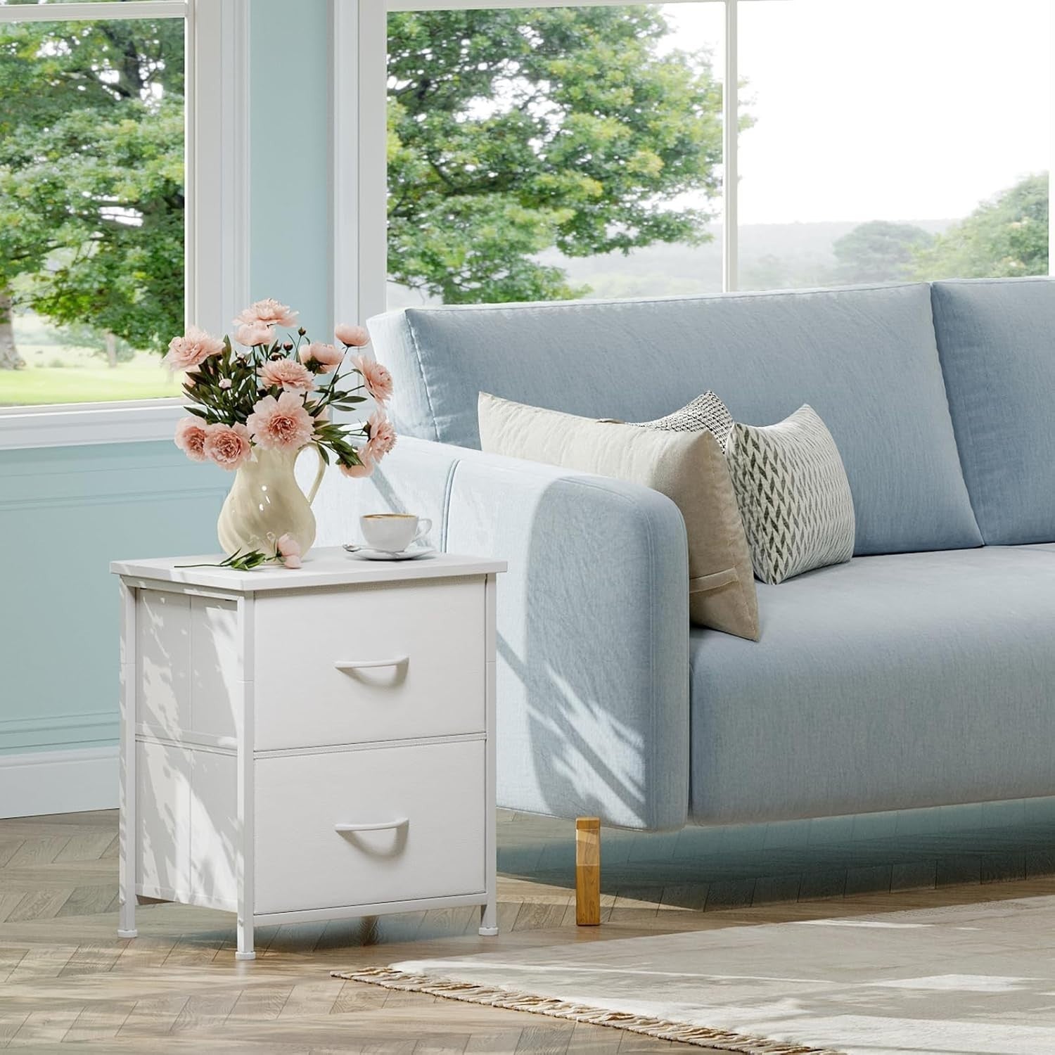 Set of 2 White Bedside Tables with Fabric Drawers – Modern Nightstands