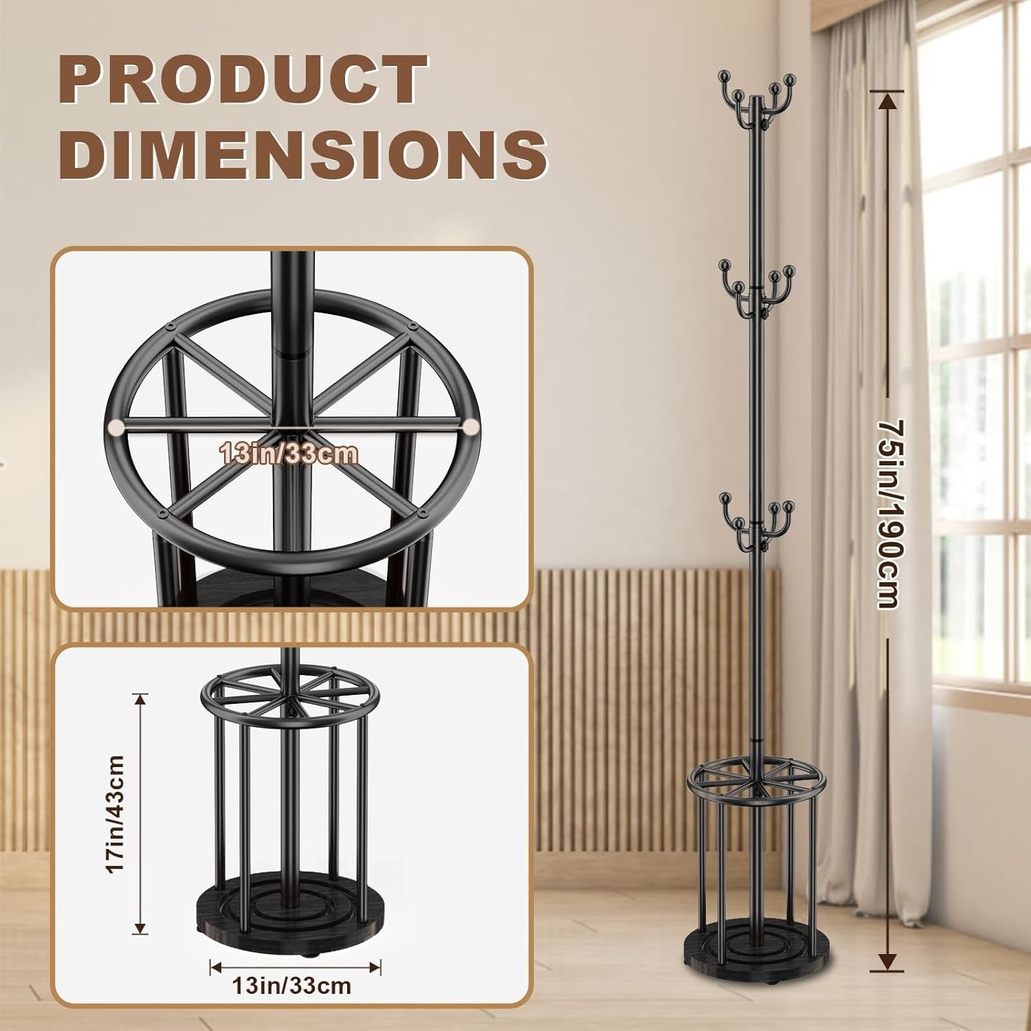 Black Metal Coat Rack Stand | 12 Hook Freestanding Hall Tree with Umbrella Base