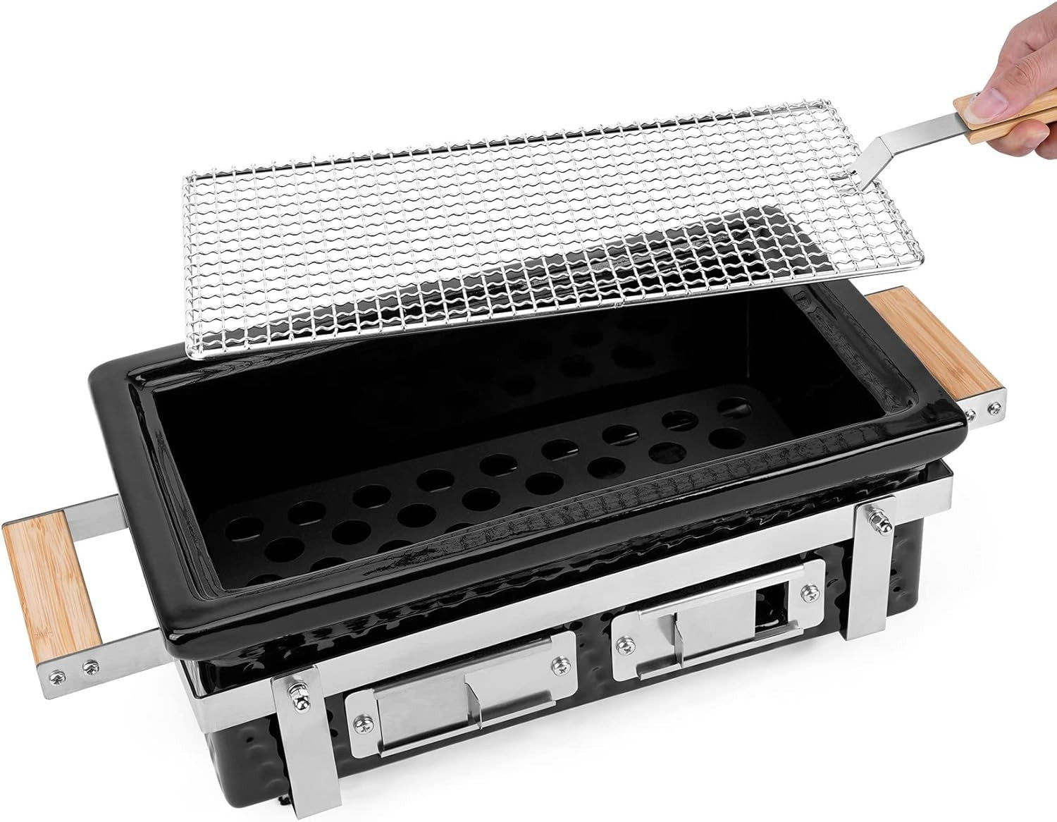Portable Ceramic Charcoal BBQ Grill Tabletop Stainless Steel Grate