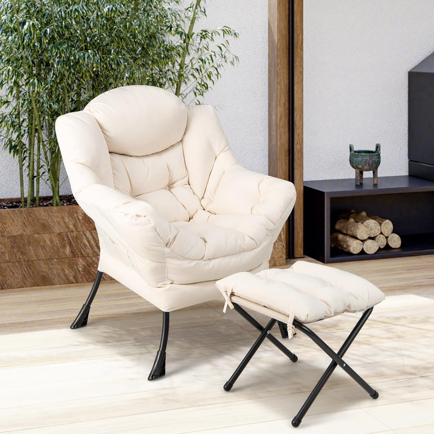 Fabric Lounge Armchair with Footstool Comfy Reading Chair Beige