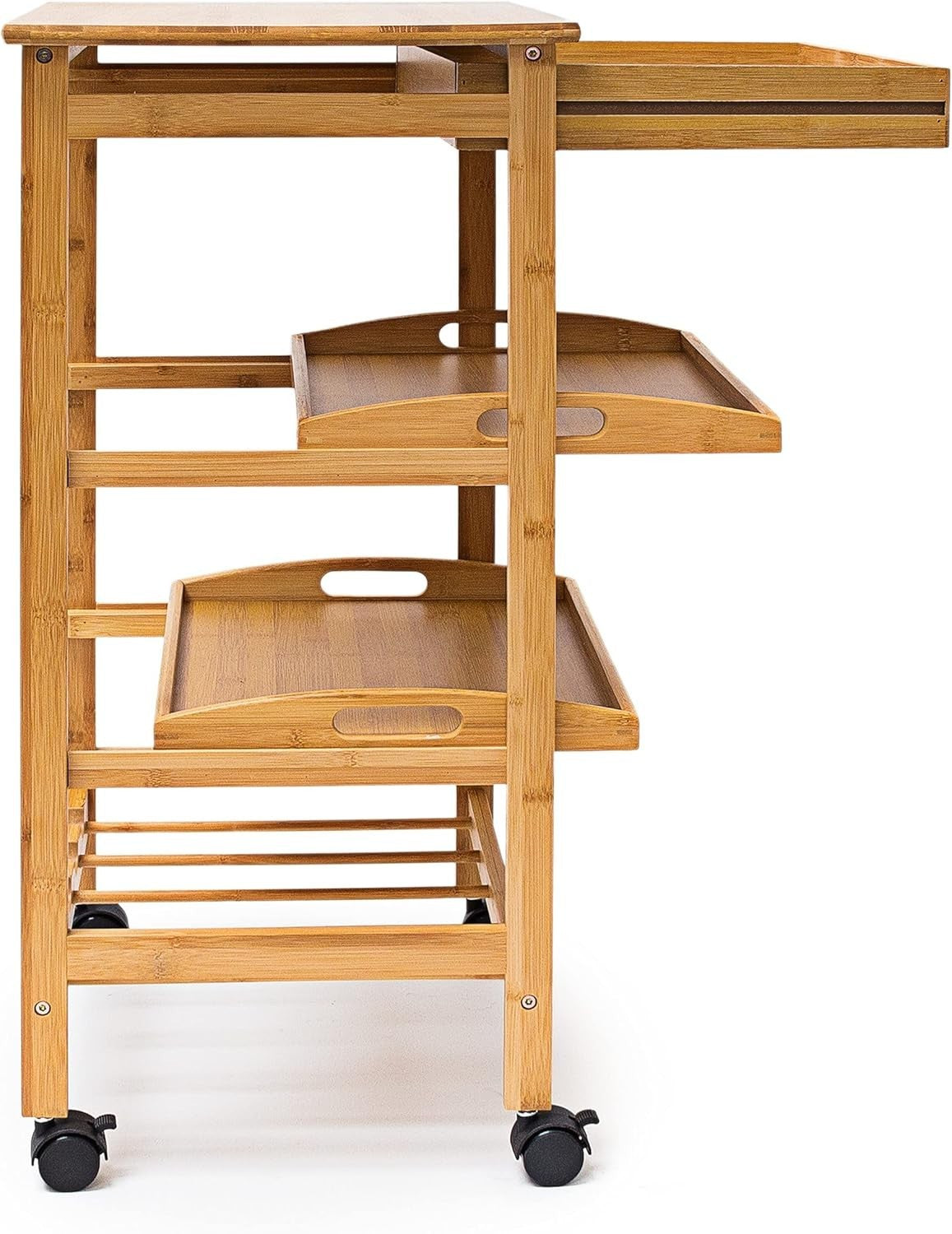 Bamboo Kitchen Trolley Cart w Drawer Trays Wine Rack