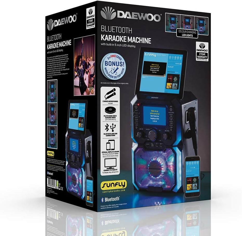 Daewoo AVS1302 Bluetooth Portable Karaoke Machine 2 Mics CD USB LED