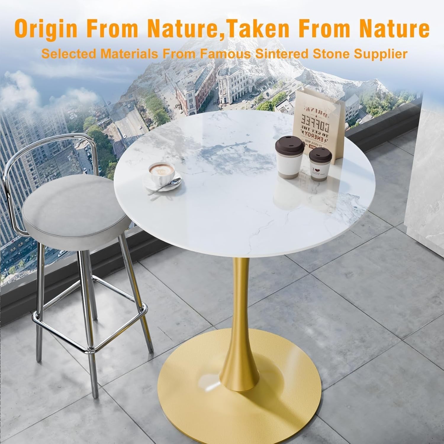 White 76cm Round Tall Bar Table 100cm Sintered Stone Top with Gold Metal Base