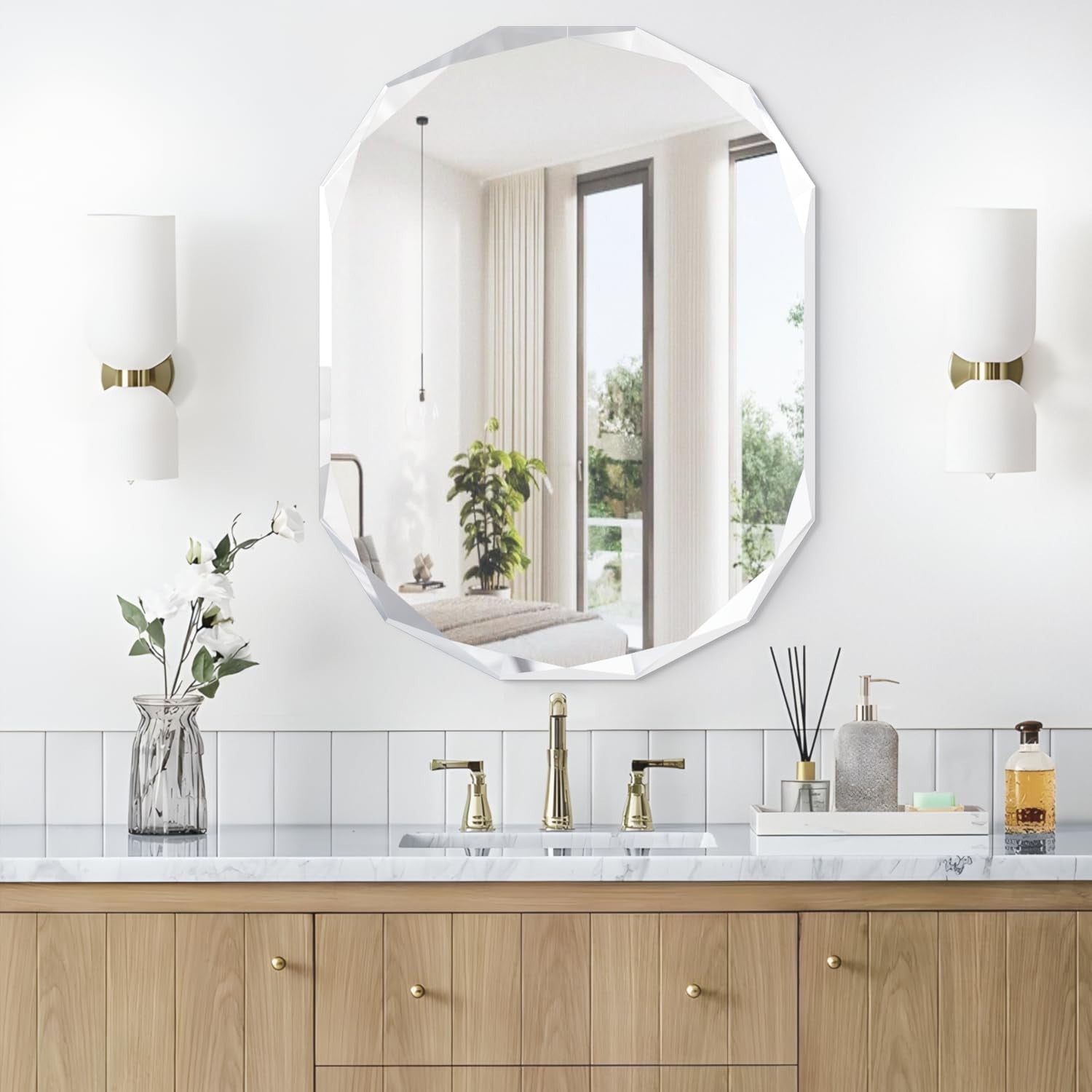 Oval Frameless Bathroom Wall Mirror 76x91 cm Beveled Edge Vanity