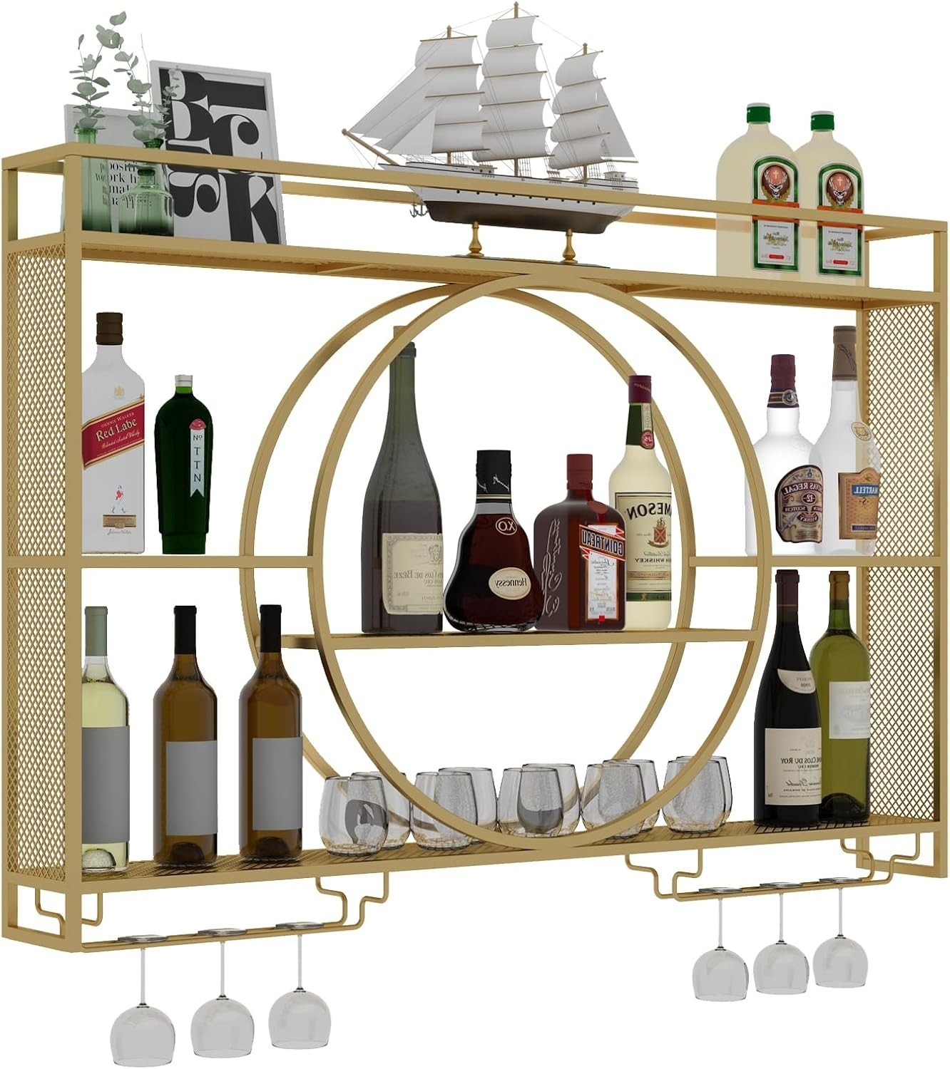Gold Wall Mounted Wine Rack 120cm Bar Shelf with Glass Holders & Bottle Storage