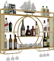 Gold Wall Mounted Wine Rack 120cm Bar Shelf with Glass Holders & Bottle Storage