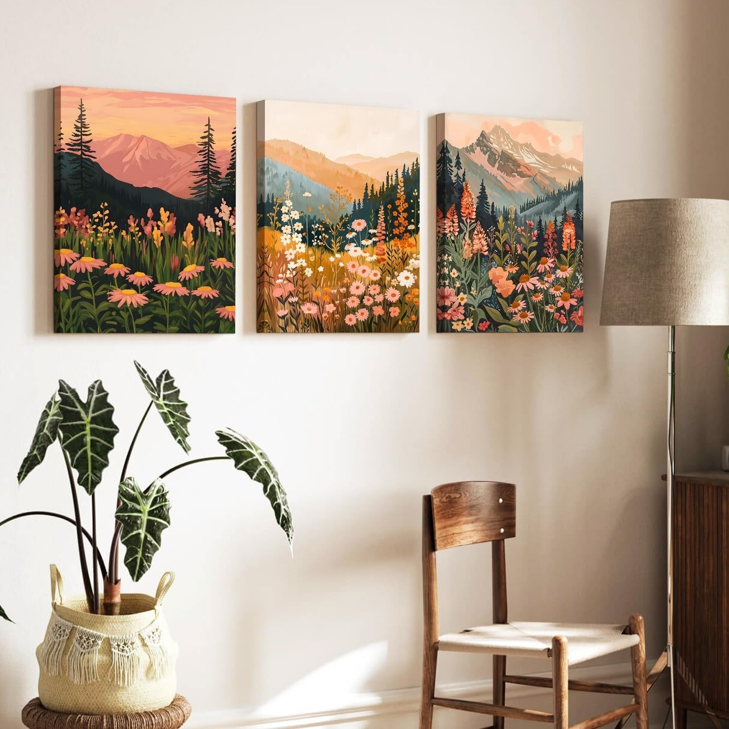 3‑Piece Boho Mountain & Wildflower Framed Wall Art 12×16″ Prints