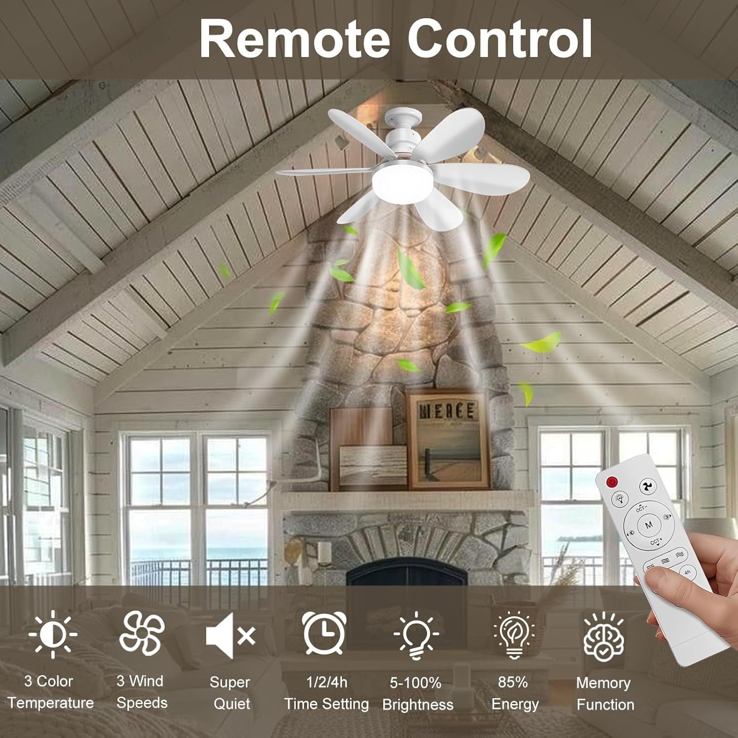 52cm Ceiling Fan, LED Light, E27 Base, Remote, 3 Speeds, Dimmable