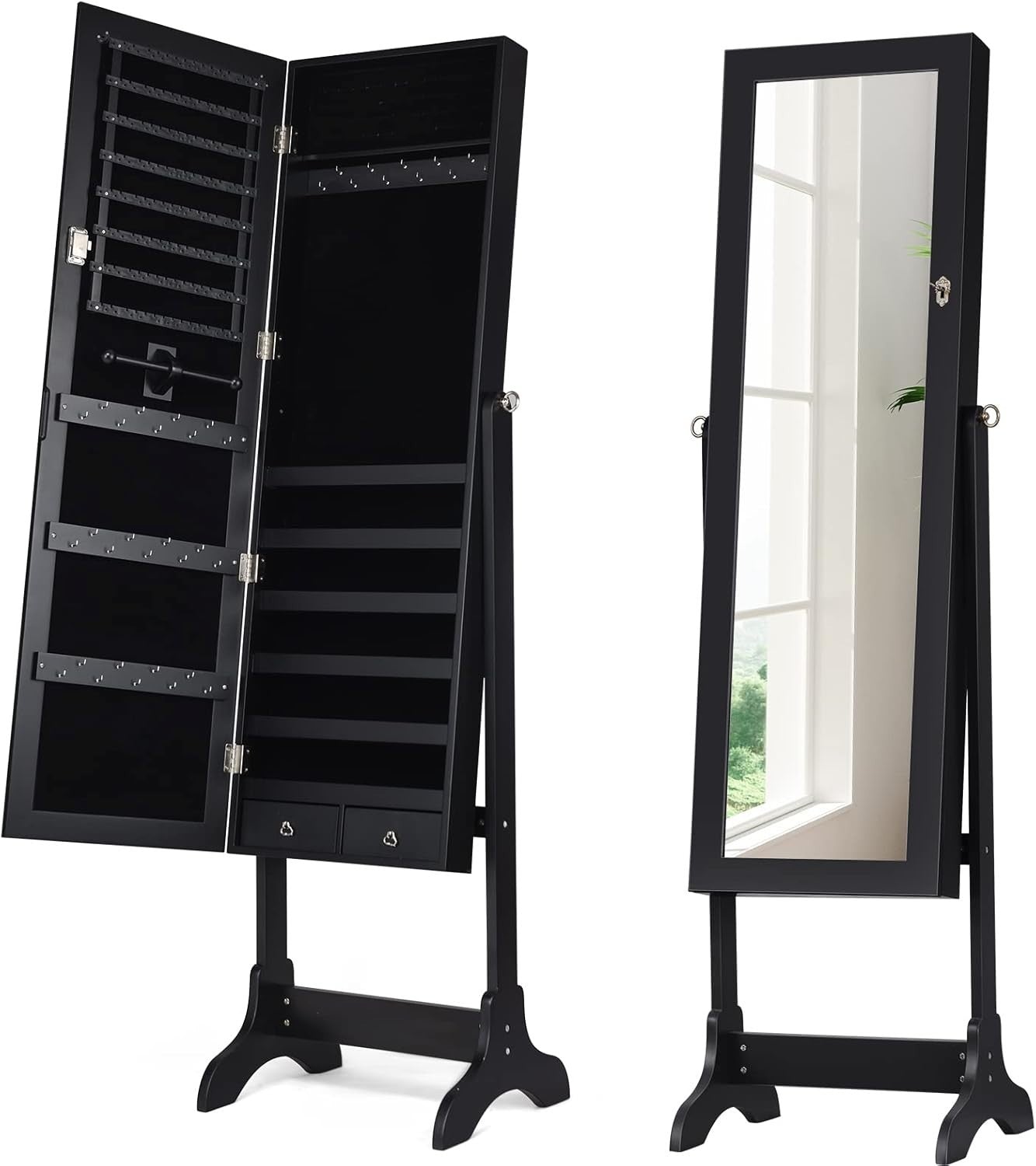 Lockable Standing Jewelry Armoire Full Length Mirror Large Storage Black