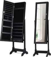 Lockable Standing Jewelry Armoire Full Length Mirror Large Storage Black