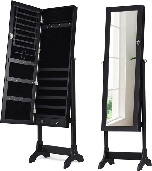 Lockable Standing Jewelry Armoire Full Length Mirror Large Storage Black